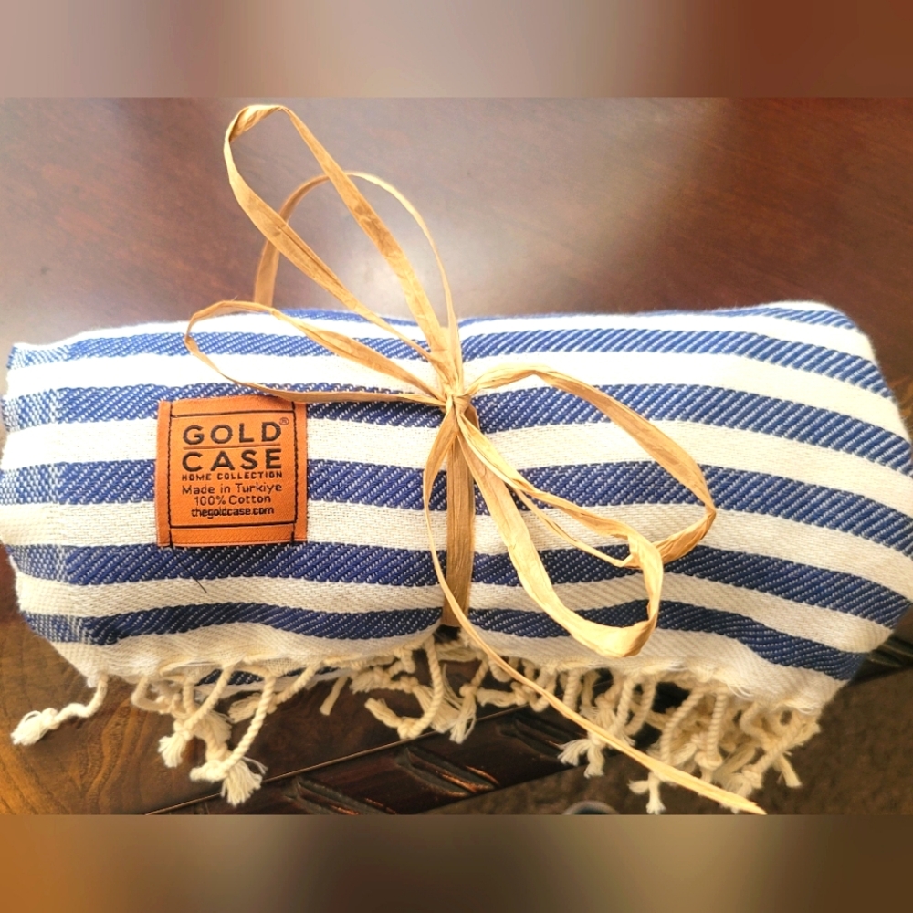 Gold Case Blue and White Striped Turkish Quick Dry and Sand Free Towel